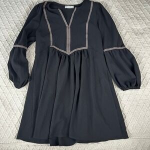 RustyDustty Women's Black Long Sleeve Dress V Neck Tiered Boho Size L